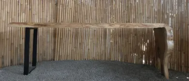 Einzigartiger Stehtisch aus einem Stück Suarholz, inklusive Wurzelteil als Fuß, ca. 300cm Länge, 80cm Breite und 100cm Höhe 